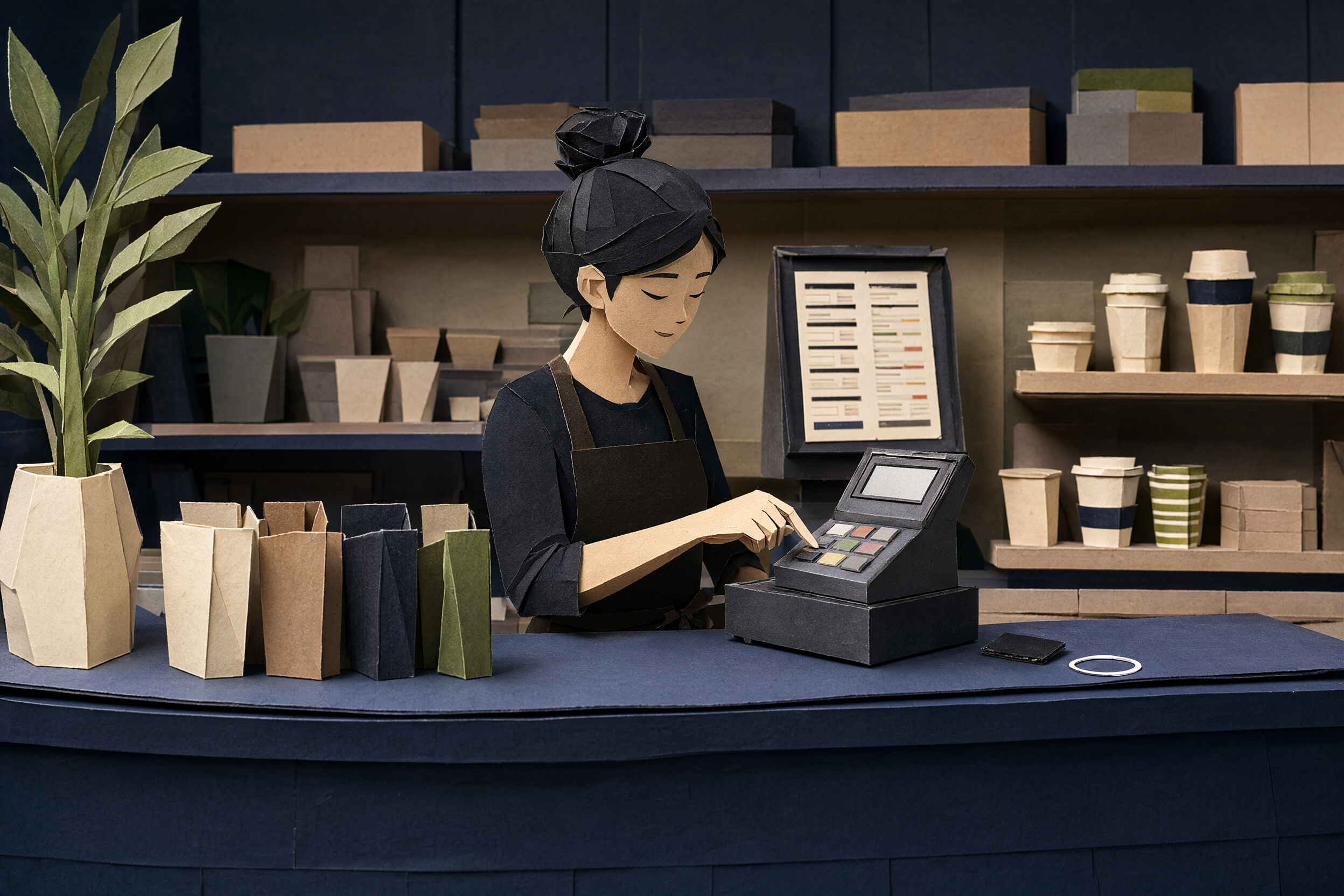 A papercraft café counter with a POS and the ezResit tile