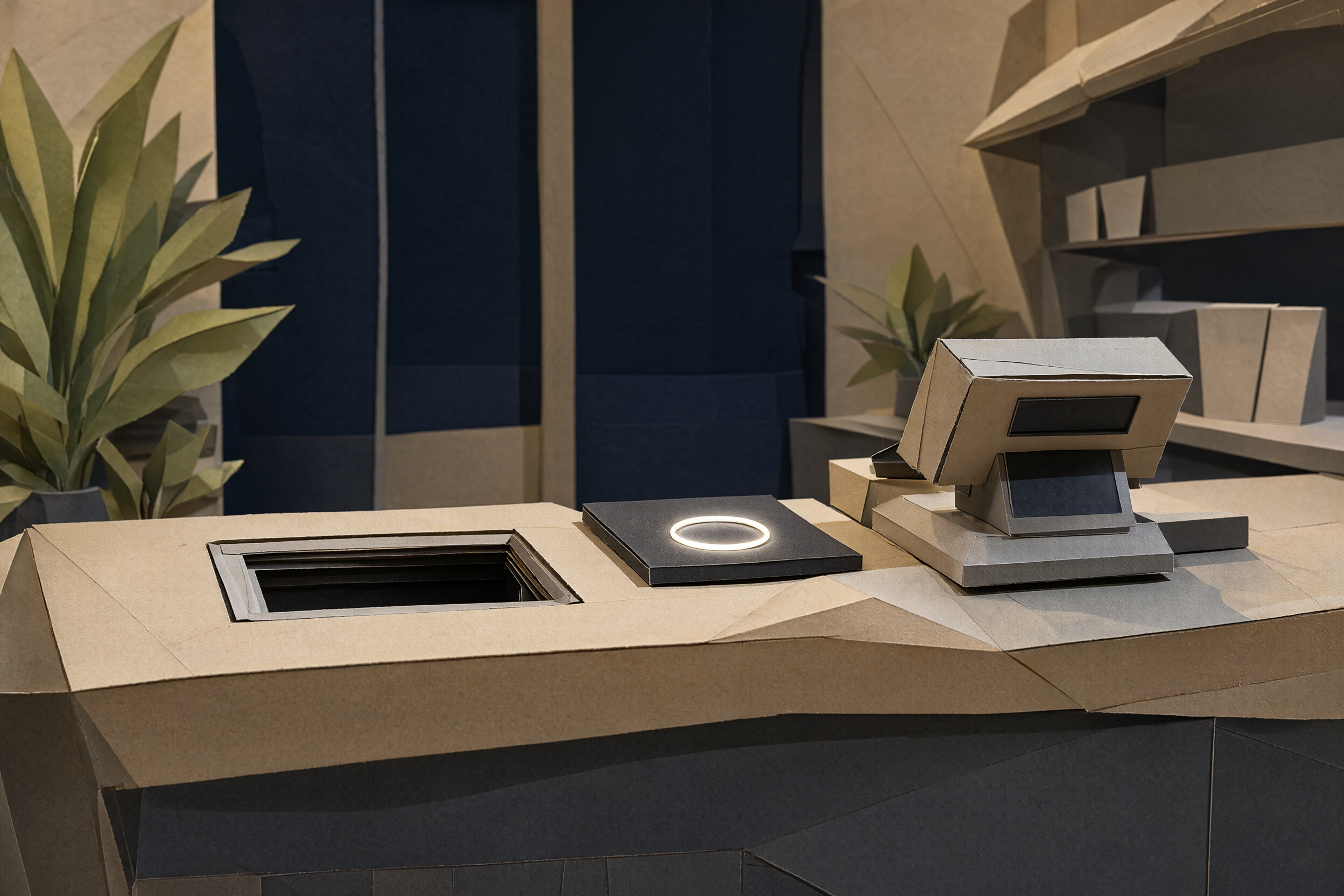 A counter with an empty space where the printer used to sit; the ezResit tile remains