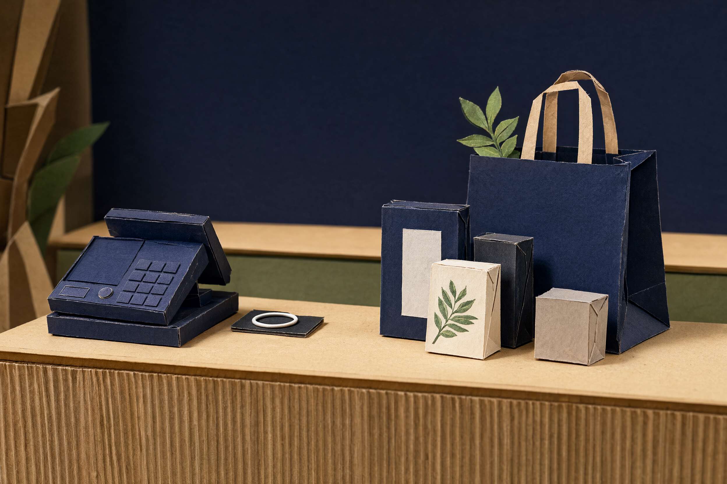 A papercraft retail counter with a POS and the ezResit tile
