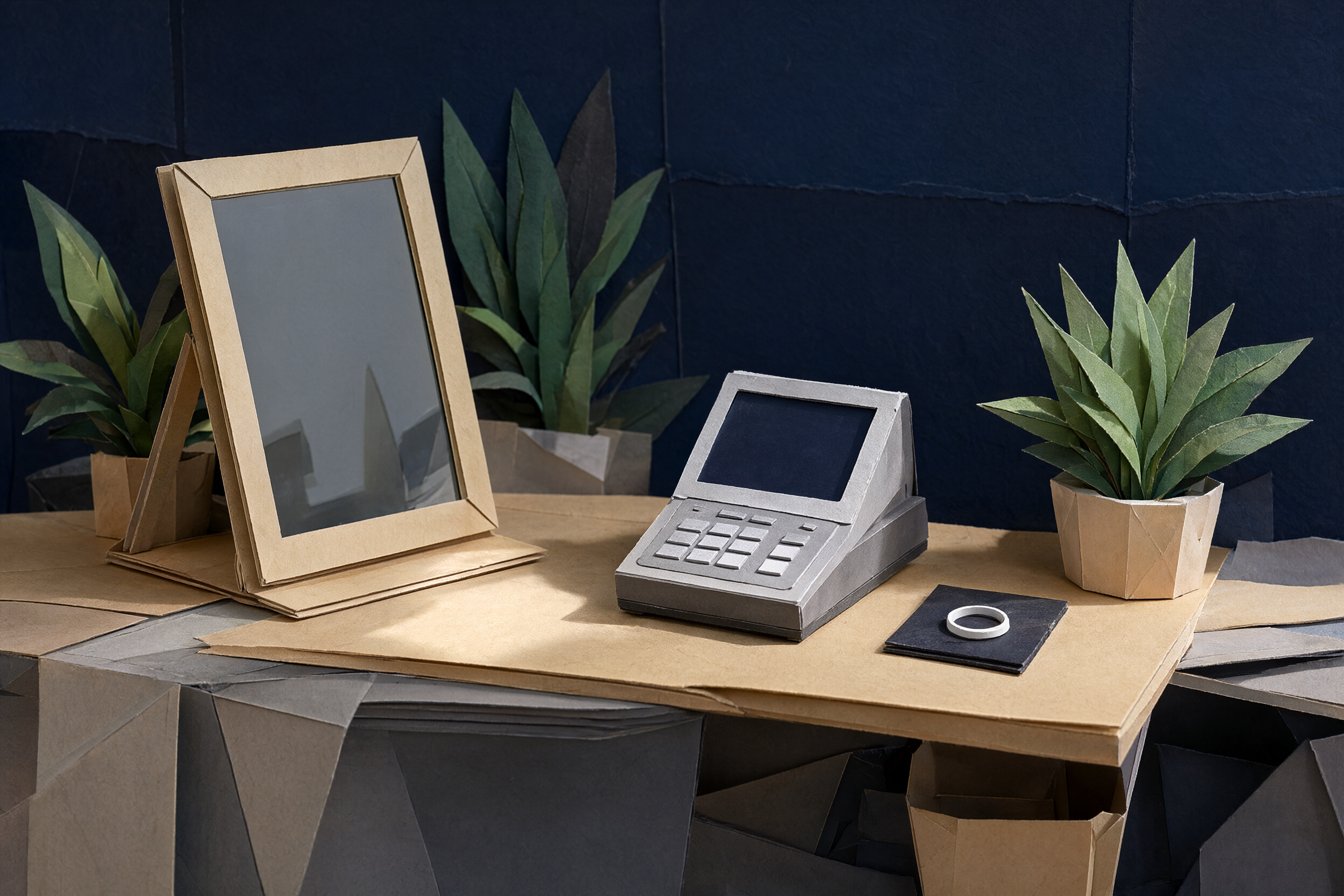 A papercraft salon counter with a POS and the ezResit tile